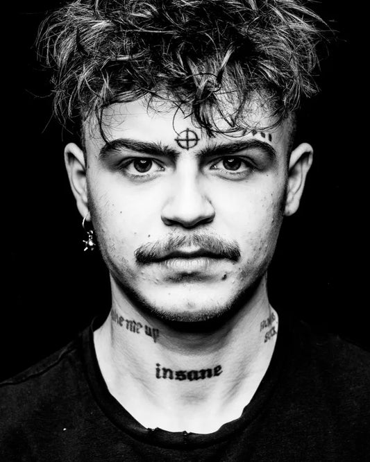 Big Neotraditional Cross and Words on Men Face Tattoo by @job.stoppers