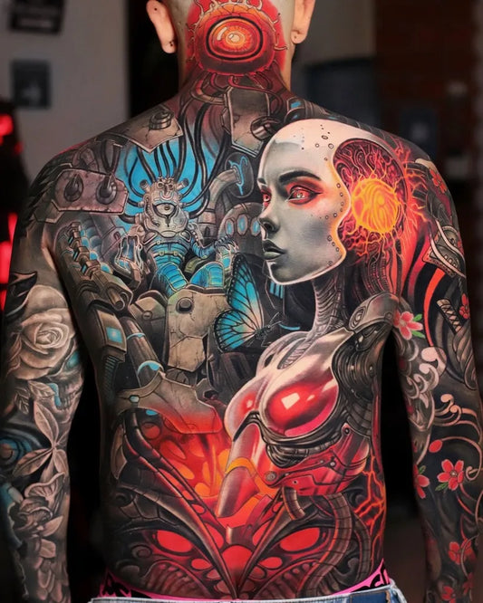 Big Neotraditional Cyborg Woman Deer Skull on Men Back Tattoo by @tattoosfolder