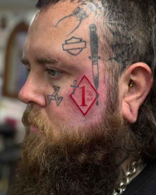 Big Neotraditional Dagger Diamond Harley on Men Face Tattoo by @daisyyg.tattoos