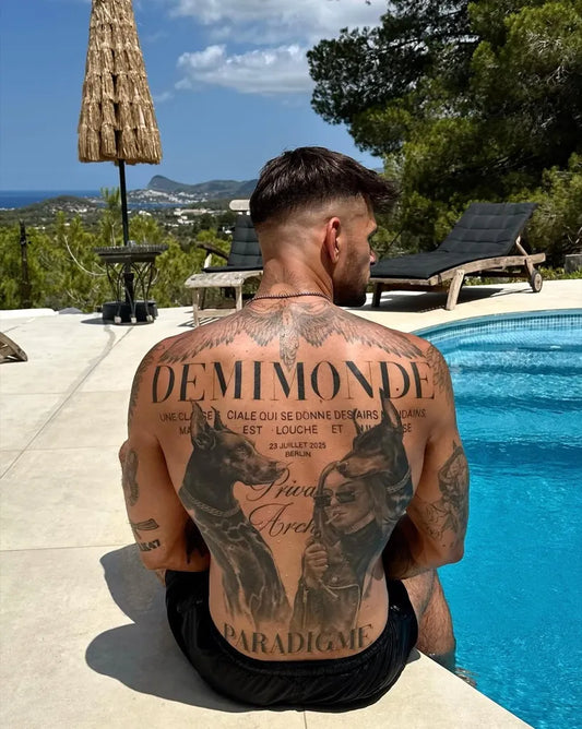 Big Neotraditional Dobermans and Text on Men Back Tattoo by @fabee_bln