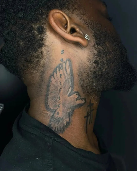 Big Neotraditional Dove and Cross on Men Neck Tattoo by @g_the_art_guru_