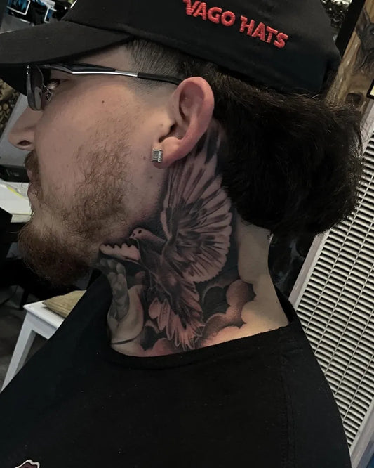 Big Neotraditional Dove on Men Neck Tattoo by @mikeandinkk