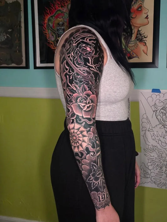 Big Neotraditional Dragon Rose Mandala on Women Arm Tattoo by @alexfreemantattoo