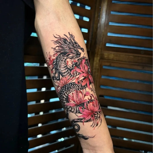 Big Neotraditional Dragon and Lotus on Women Arm Tattoo @by-_jer_ry_02_
