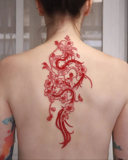 Big Neotraditional Dragon and Peonies on Women Back Tattoo by @rahon_tatt