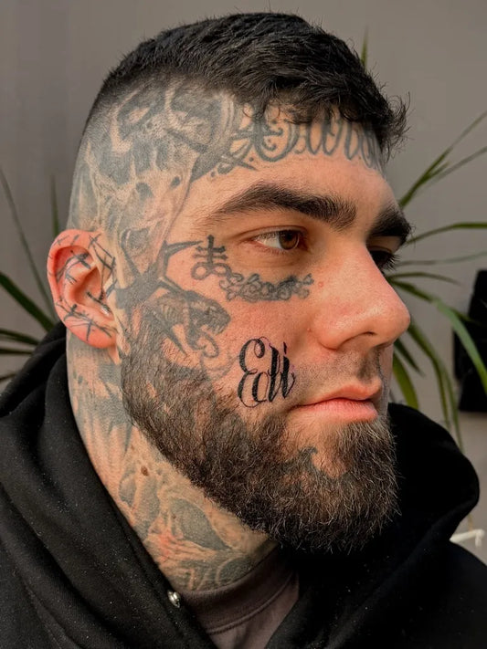 Big Neotraditional Dragon and Skull on Men Face Tattoo by @c.chick_tattoos