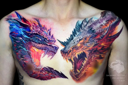 Big Neotraditional Dual Dragons on Men Chest Tattoo by @salahnoi_tattoo