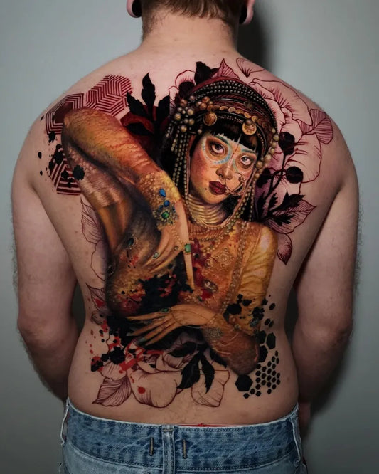 Big Neotraditional Egyptian Woman on Men Back Tattoo by @tattooassist