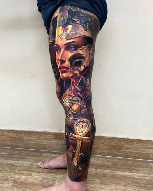 Big Neotraditional EgyptianQueenAnkh on Men Thigh Tattoo by @tattoosfolder