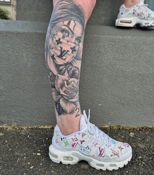 Big Neotraditional Face and Rose on Women Leg Tattoo by @jade.moser97