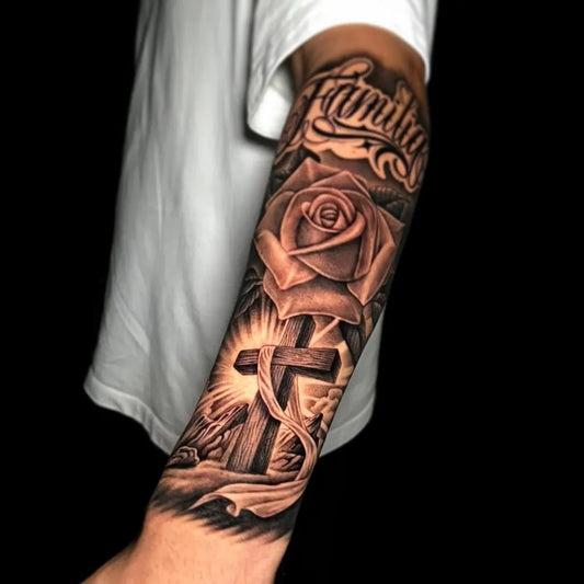 Big Neotraditional Family Rose Cross on Men Arm Tattoo by @noelsancheztattoo