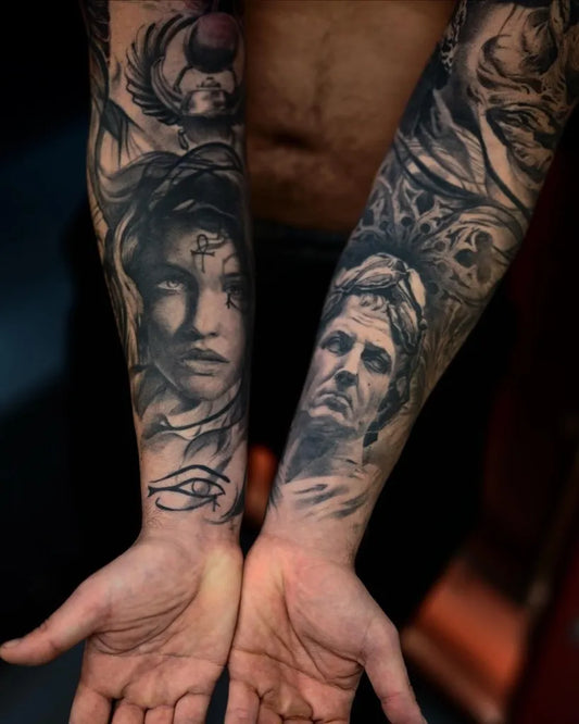 Big Neotraditional FemaleFace Skull MaleBust on Men Arms Tattoo by @markwosgerau