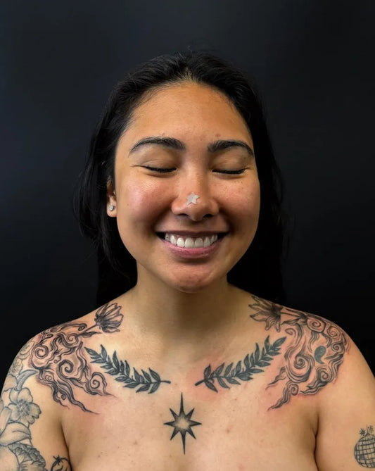 Big Neotraditional FloralMandalaStar on Women Chest Tattoo by @story.ink