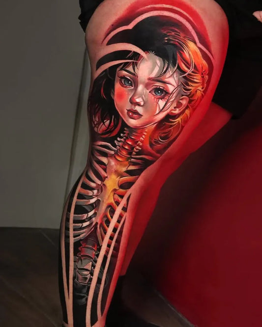 Big Neotraditional Girl with Ribcage on Women Thigh Tattoo by @tattoosfolder