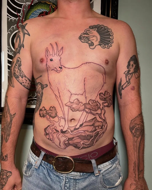 Big Neotraditional Goat on Rocks on Men Torso Tattoo by @tangerines_tats