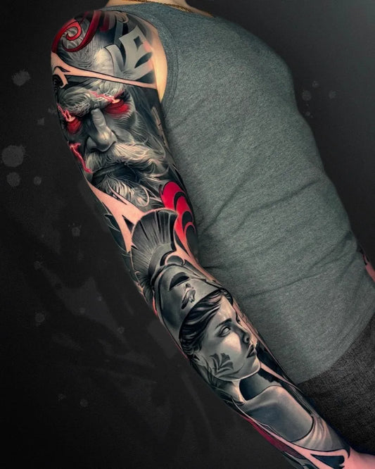 Big Neotraditional GreekWarriorSpartanHead on Men Arm Tattoo by @tattoobymayer