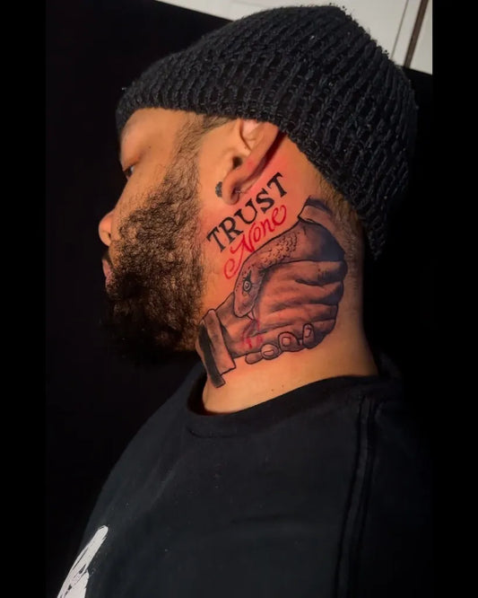 Big Neotraditional Handshake on Men Neck Tattoo by @inkfusion_tattoo_studio