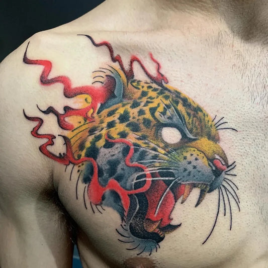 Big Neotraditional Jaguar with Flames on Men Shoulder Tattoo by @joseprietotattoo