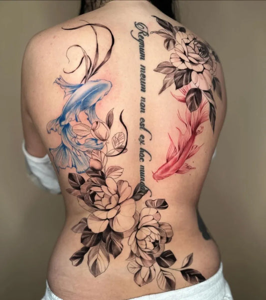 Big Neotraditional Koi Fish and Roses on Women Back Tattoo by @aistetattoo