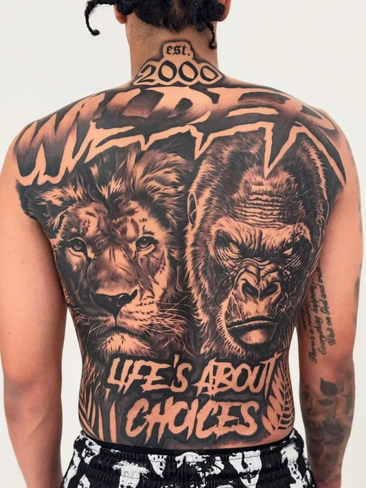 Big Neotraditional Lions Gorilla Choices on Men Back Tattoo by @ortega_ink