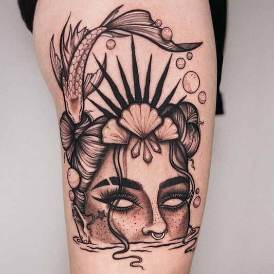 Big Neotraditional Mermaid Koi Fish Tattoo on Women Thigh by @melissa_rb.tattoo
