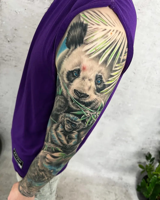 Big Neotraditional Panda Palm on Men Arm Tattoo by @katris_tattoo