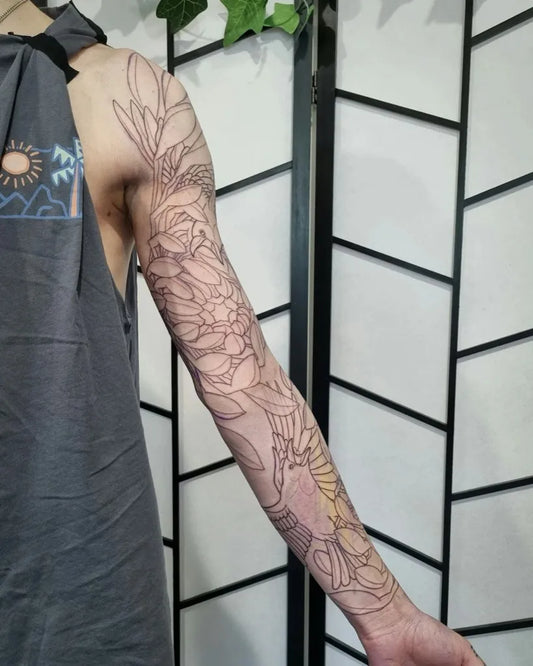 Big Neotraditional Peonies Sun Mountain on Men Arm Sleeve Tattoo by @katclarke_tattoo