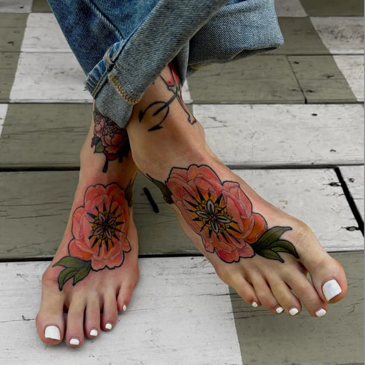 Big Neotraditional Peony Flowers Tattoo on Women Foot by @tattbaby.daze