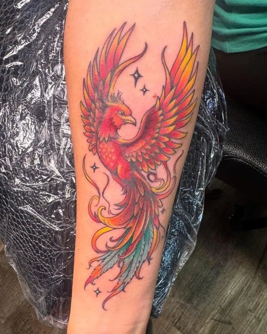 Big Neotraditional Phoenix on Women Arm Tattoo by @tattoosbydre13