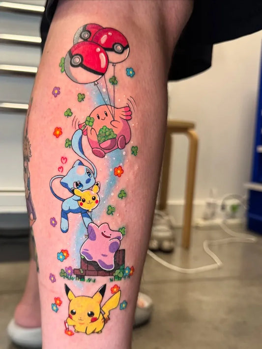 Big Neotraditional Pokemon Clefairy Jigglypuff Tattoo on Women Thigh by @pleikunguyen