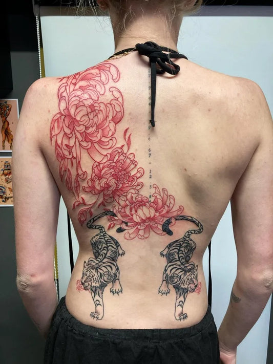Big Neotraditional Red Chrysanthemums and Tigers on Women Back Tattoo by @apocalyptictwich
