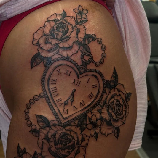 Big Neotraditional Rose Heart Clock on Women Thigh Tattoo by @stabsbygabs