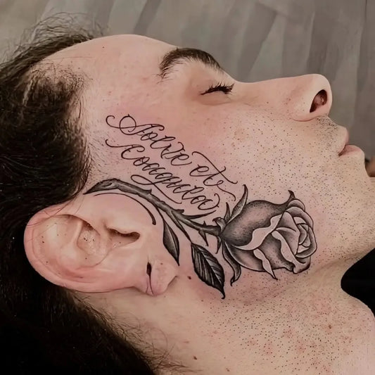 Big Neotraditional Rose Vines Text on Men Face Tattoo by @onesevensevenofficial