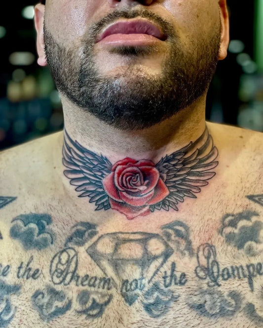 Big Neotraditional Rose Wings on Men Neck Tattoo by @masterpierceprofessional