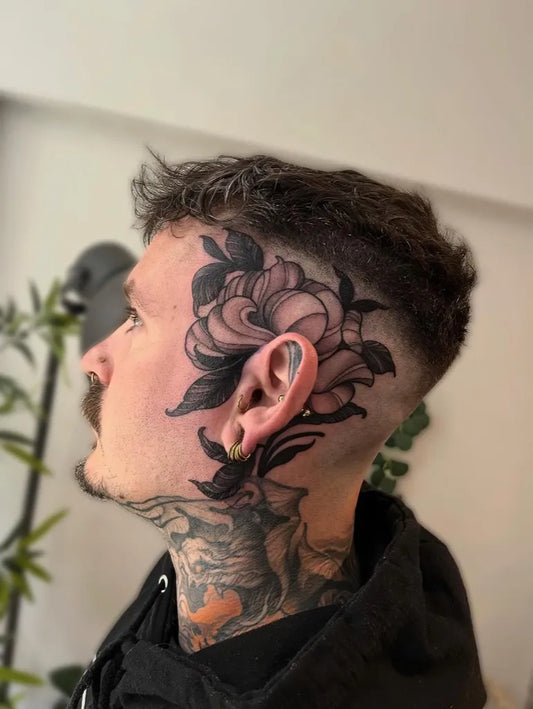 Big Neotraditional Rose and Deer on Men Face Tattoo by @beatricerosetattoo