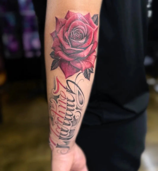 Big Neotraditional Rose and Name on Men Arm Tattoo by @nazty_tattoo