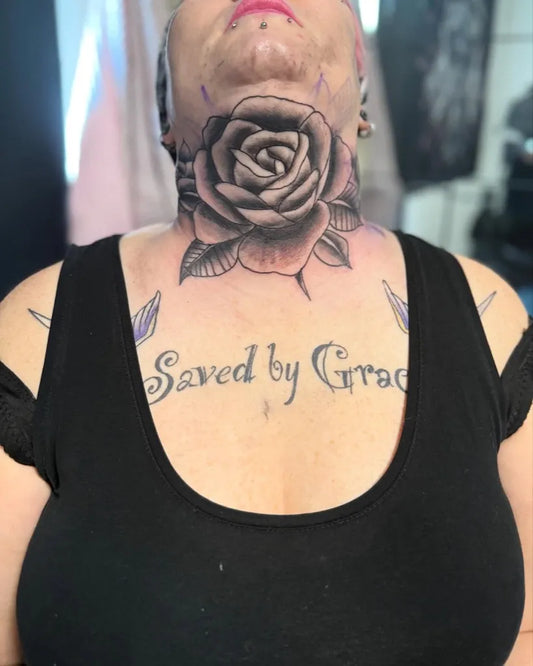 Big Neotraditional Rose and Saved by @Grace on Women Collarbone Tattoo by @tattoo_allu