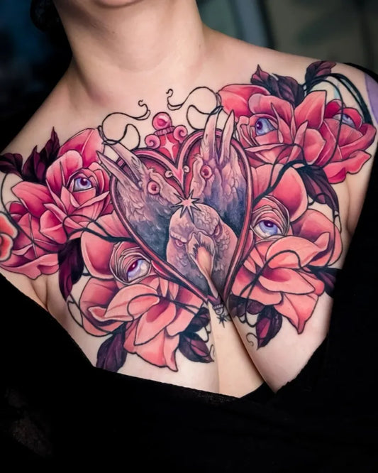 Big Neotraditional Roses Heart Eyes on Women Chest Tattoo by @la_main_innocente