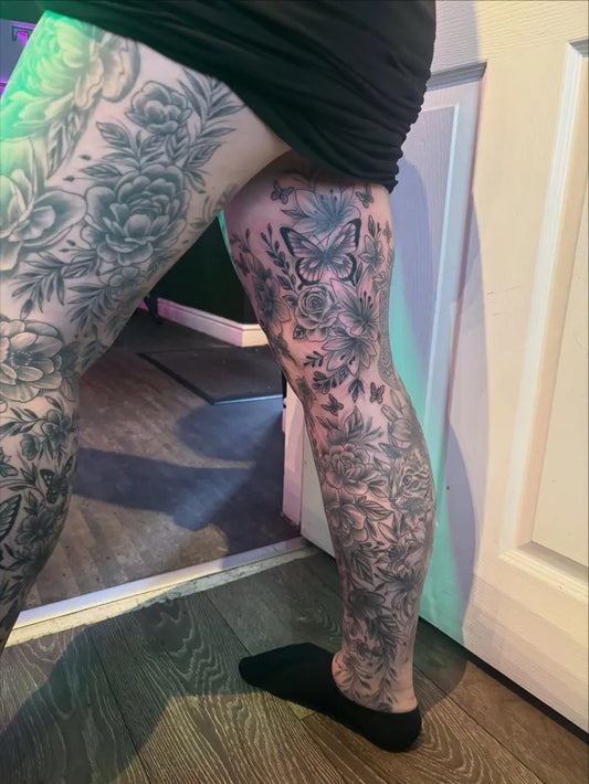 Big Neotraditional Roses Owl Butterflies on Women Leg Tattoo by @voltztattoostudioltd