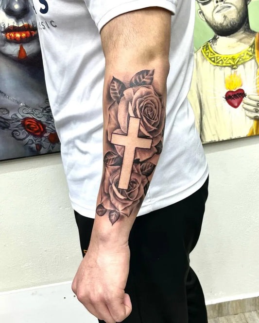 Big Neotraditional Roses and Cross on Men Arm Religious Tattoo by @tatuajesi.r