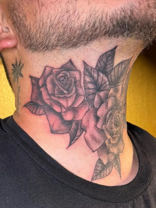Big Neotraditional Roses and Leaves on Men Neck Tattoo by @bere_artistrygirl