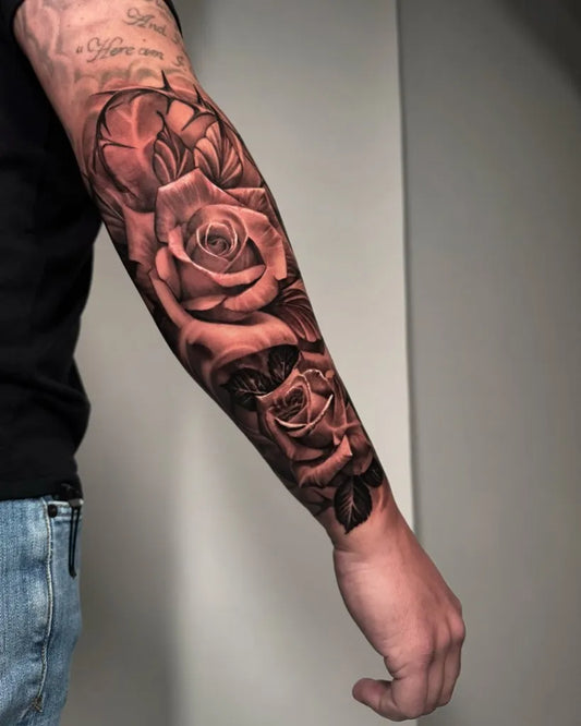 Big Neotraditional Roses on Men Arm Tattoo by @alenatattoos