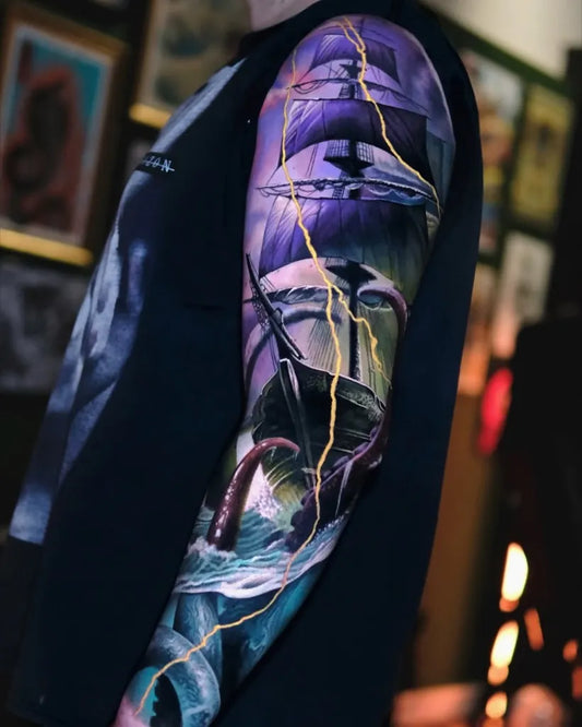 Big Neotraditional Sailing Ship Tentacle Lightning on Men Arm Tattoo by @tattoosfolder