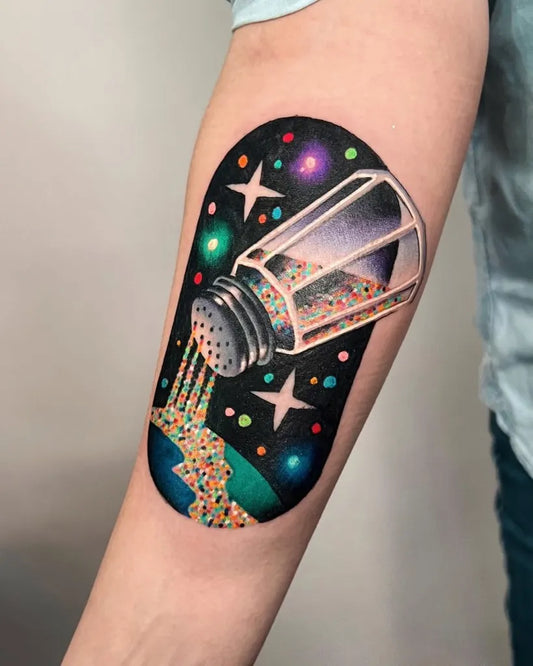 Big Neotraditional SaltShakerPouringGalaxies on Women Arm Tattoo by @tattoosfolder