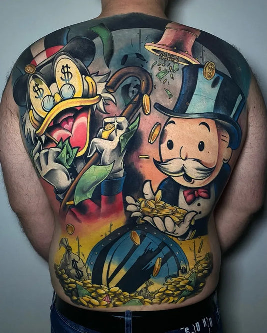 Big Neotraditional Scrooge McDuck and Mr Monopoly on Men Back Tattoo by @noszaly_tattoos