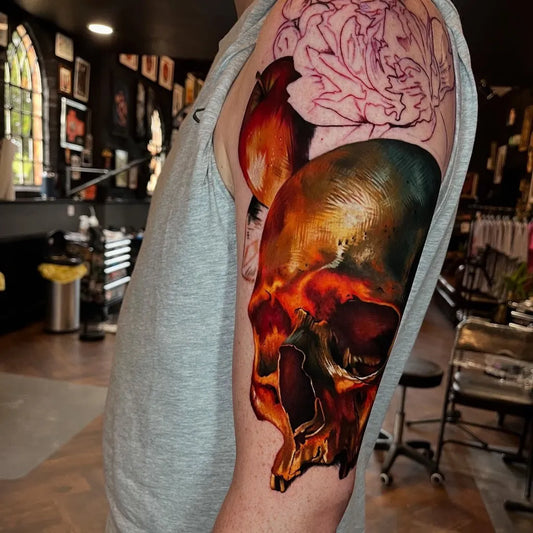 Big Neotraditional Skull Rose Bird on Men Arm Tattoo by @k_peanut_