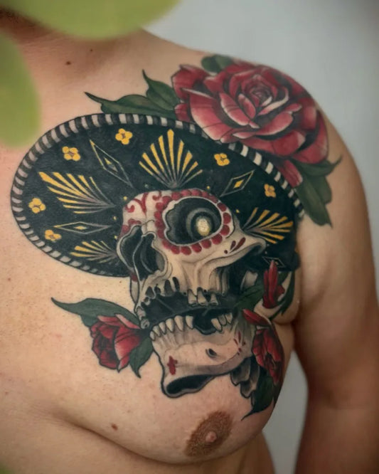 Big Neotraditional Skull Sombrero Roses on Men Chest Tattoo by @xenia_tattoos