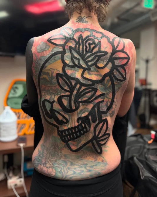 Big Neotraditional Skull and Rose on Women Back Tattoo by @blackvelvettt