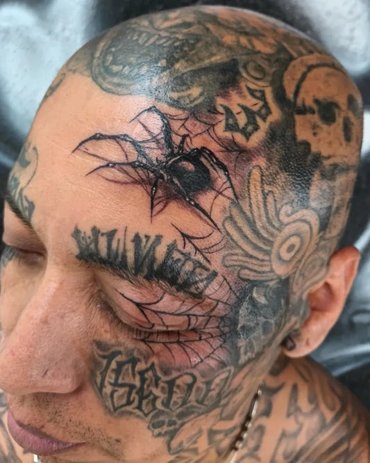 Big Neotraditional Spider and Web on Men Face Tattoo by @giovanny_latribu