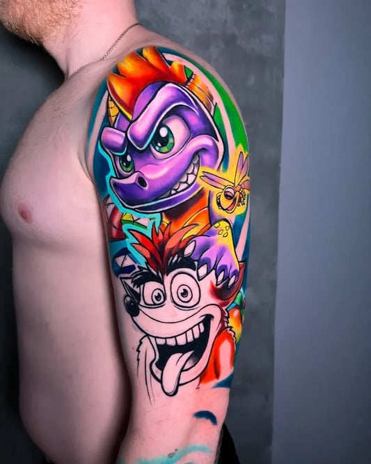 Big Neotraditional Spyro and Crash on Men Arm Tattoo by @viktorie_amazink_tattoo